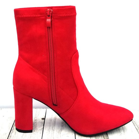 New Red Stretch Chunky Heel Ankle Boot Sock Bootie - Picture 3 of 5